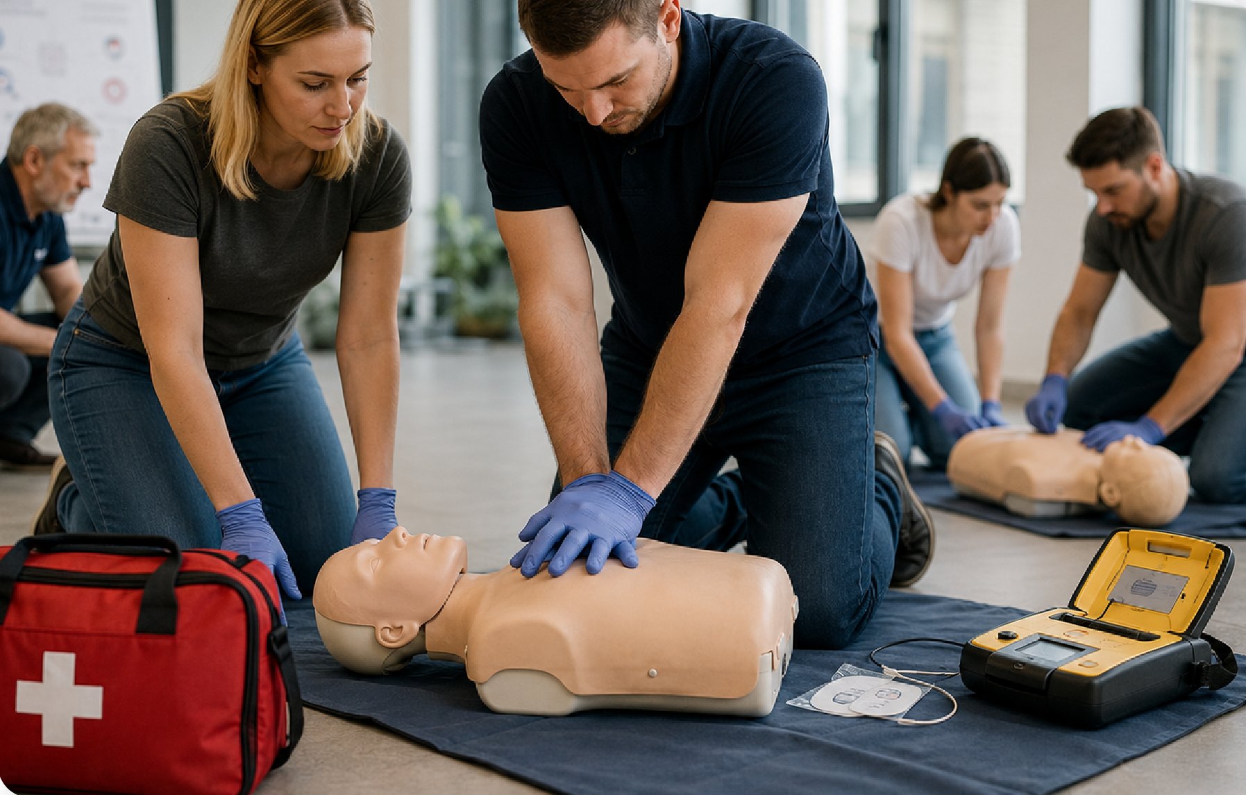 Formation SST avec mannequins et défibrillateur
