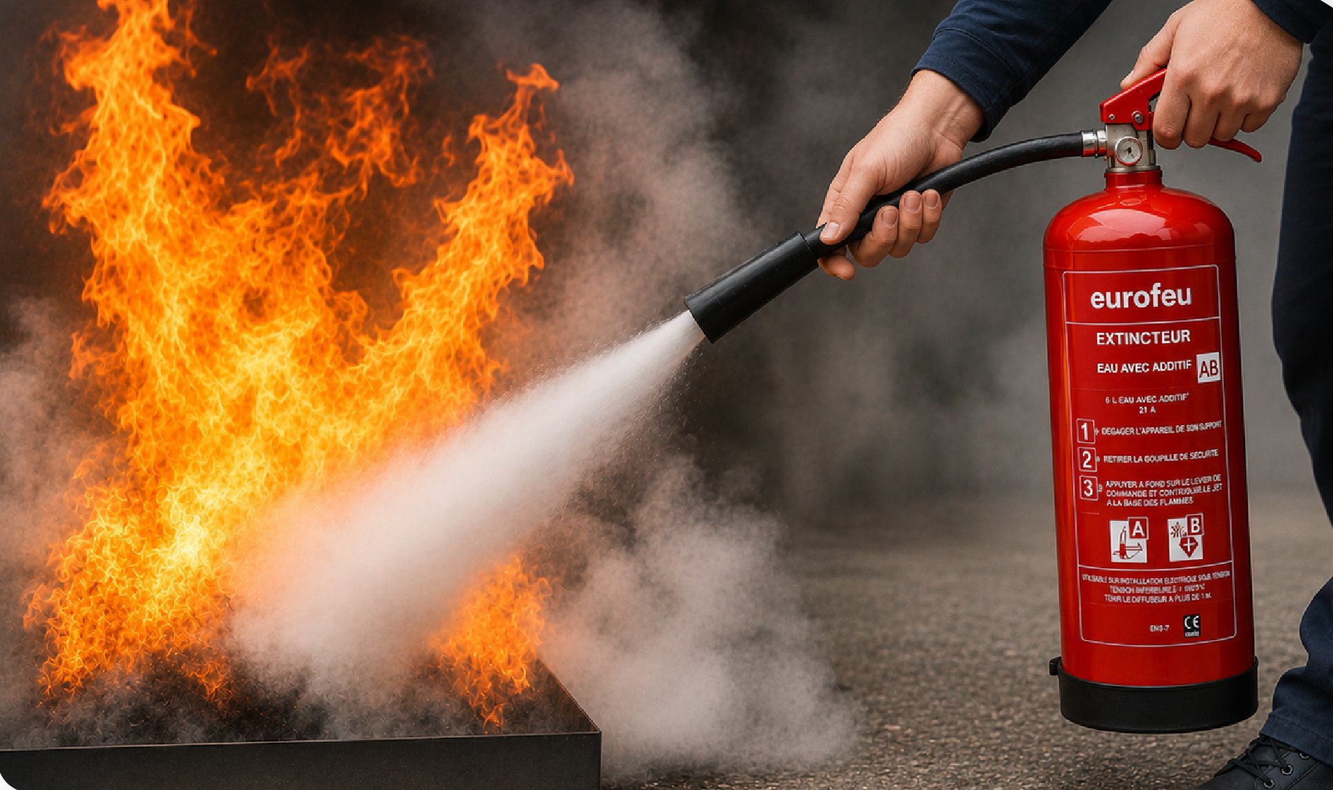 Manipulation d’un extincteur sur un feu réel
