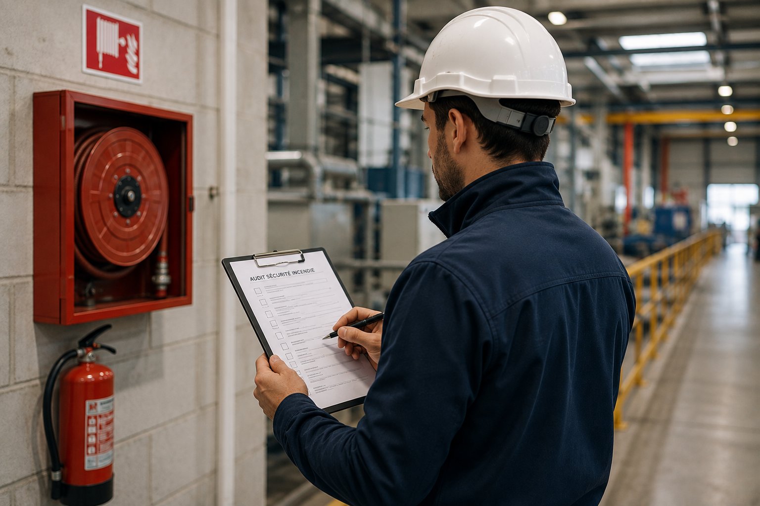 Consultant réalisant un audit de sécurité incendie sur un site industriel
