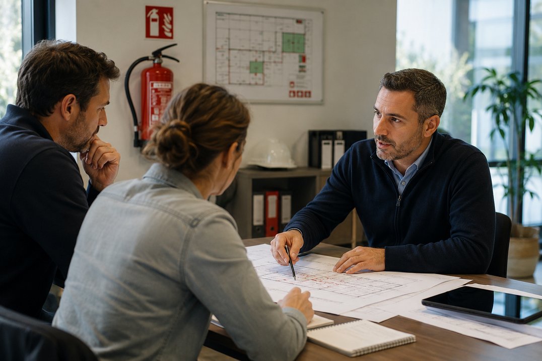 Consultant 2L-IPS étudiant les plans d’un établissement avec ses clients
